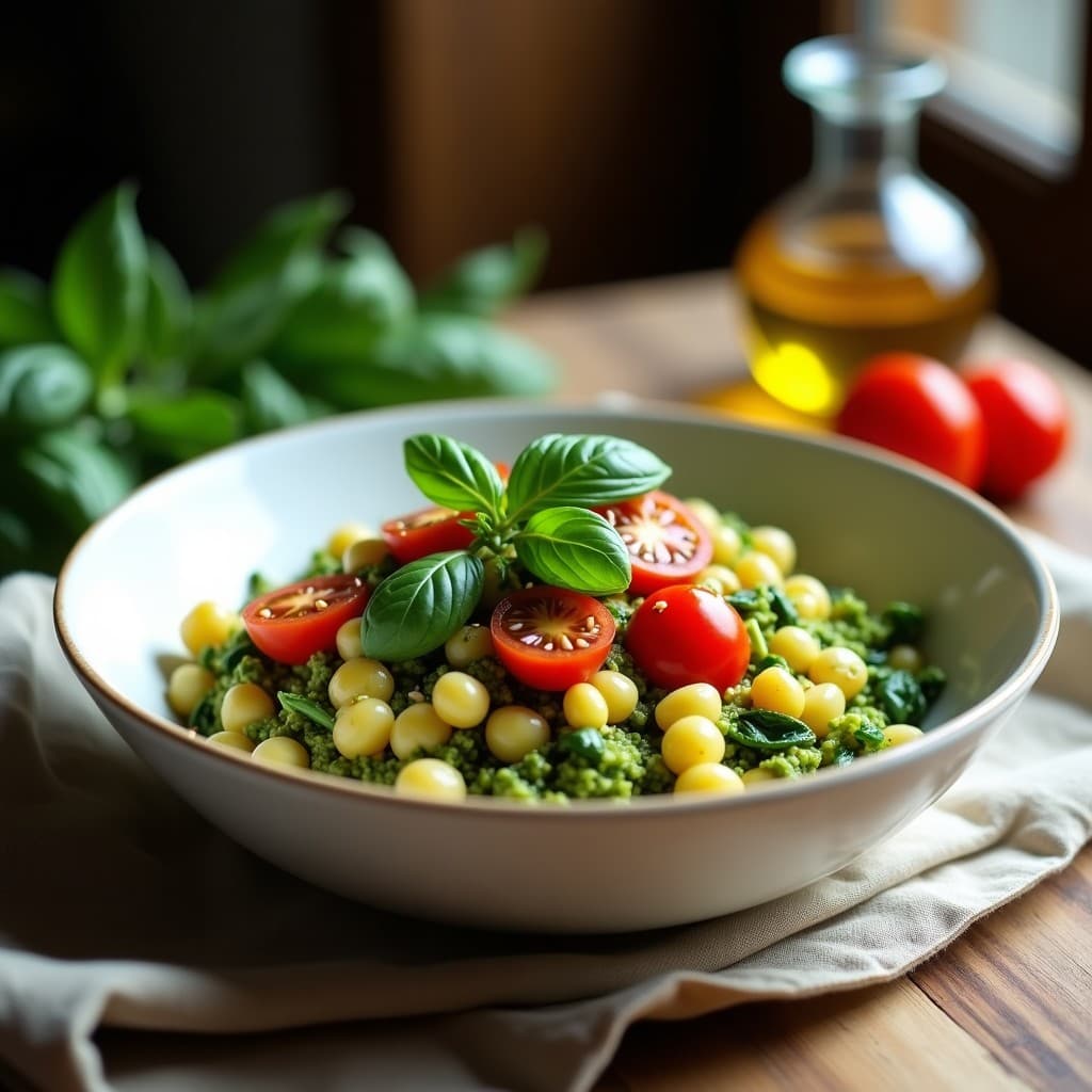 Bowl hondo de cerámica blanca con fidea de garbanzo al dente, mezclada con pesto verde de albahaca y trozos de tomates secos, espinacas frescas y cherry rojos. Espolvoreado con semillas de sésamo y decorado con hojas de albahaca. Plato de receta italiana sin gluten sobre fondo de madera rústica.