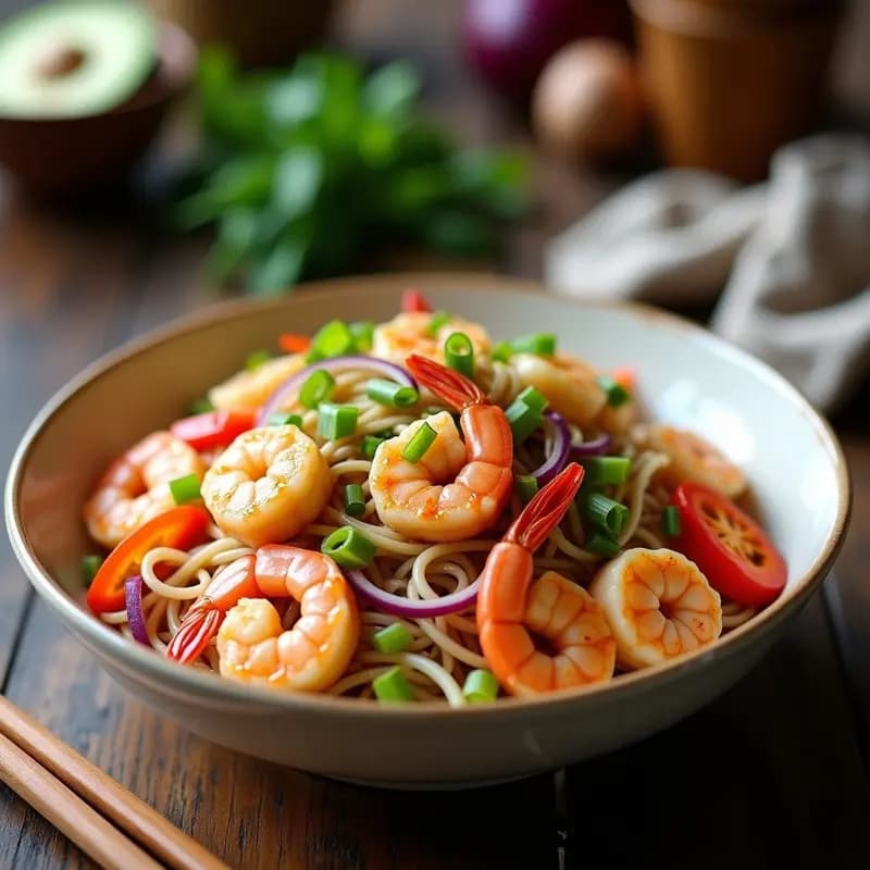 Bowl blanco con fideos de arroz finos salteados, gambas rosadas, pimiento rojo, zanahoria y cebolla morada en juliana, brotes de soja y decorado con cebollino fresco y sésamo tostado. Plato colorido y apetecible típico de la cocina china baja en calorías.