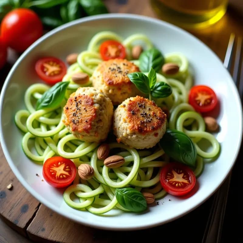 Bowl de fideo de calabacín fresco en espiral con bolitas de pollo doradas al horno, tomates cherry asados, piñones tostados y hojas de albahaca fresca, receta italiana sin gluten en 20 minutos.