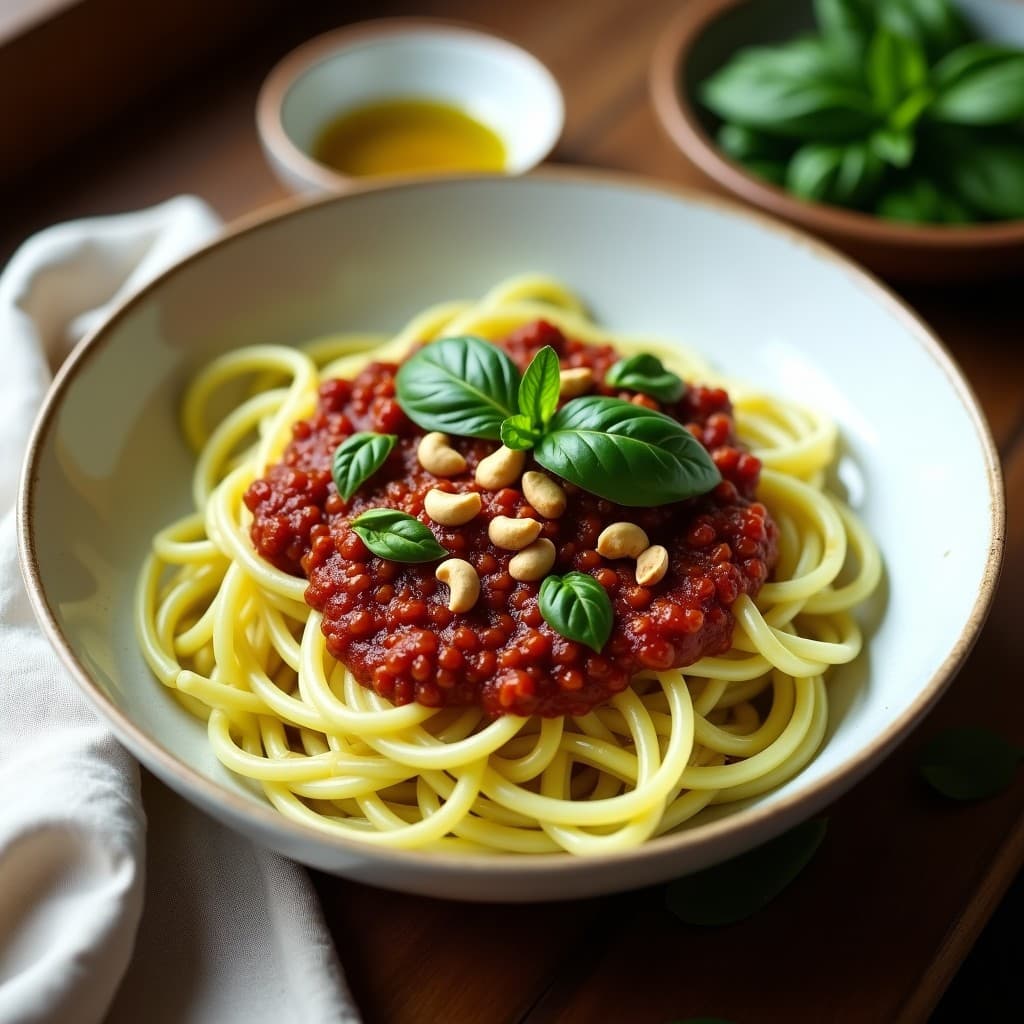 Bowl de cerámica blanca con fideos de calabacín horneados, cubiertos de bolonhesa de lentejas oscuras y especiadas, decorados con hojas de albahaca fresca y anacardos tostados picados. Plato vegano y sin gluten con colores vibrantes y textura apetitosa.