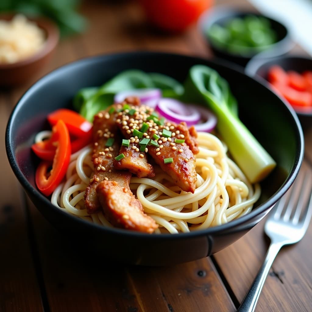 Bowl negro de cerámica con fideos shirataki salteados, tiras de pollo dorado, pimiento rojo, bok choy y cebolla morada, decorado con semillas de sésamo tostadas. Receta keto en wok con fondo de mesa de madera rústica.