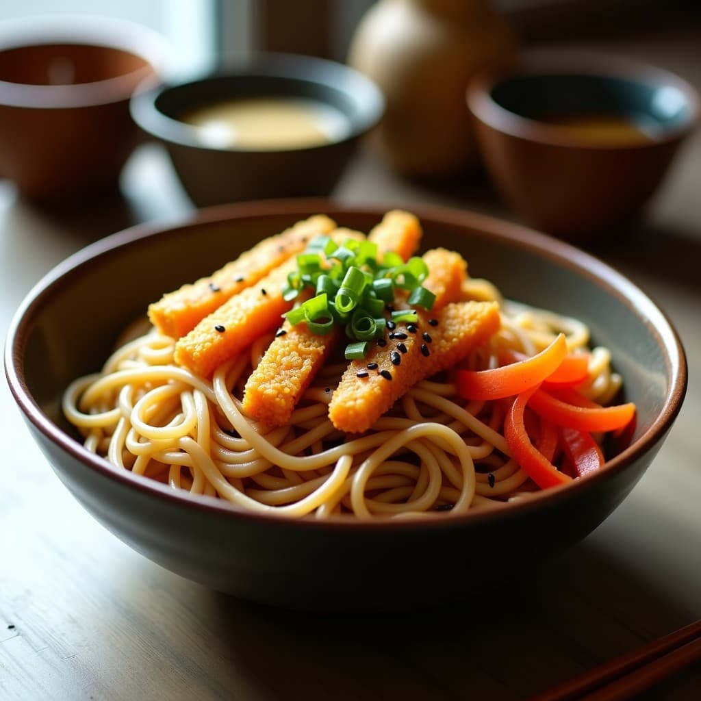 Bowl de fideos soba negros en un plato hondo de cerámica, cubiertos con tempura de camote dorada y crujiente, zanahoria juliana, pimiento rojo y salsa de miso brillante. Decorado con semillas de sésamo negro y cebollino picado.