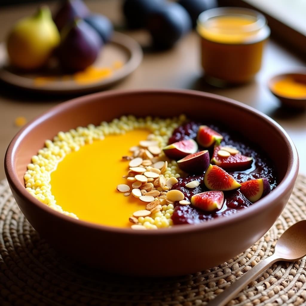 Bowl de fonio dorado Servido en cuenco de barro con leche de cúrcuma amarilla, compota de higos oscuros y almendras fileteadas. Desayuno africano sin gluten con textura cremosa y toques crujientes.