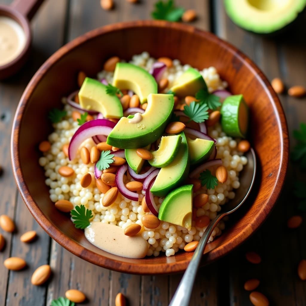 Bowl colorido con fonio esponjoso, semillas de calabaza doradas, aguacate en cubos, cebolla morada y perejil, bañado en aderezo cremoso de tahini, sobre un fondo rústico de madera.