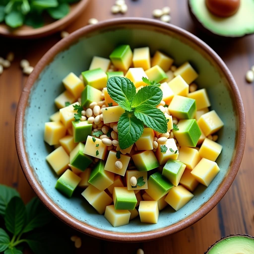 Bowl colorido con cubos de fono cremoso, aguacate verde brillante en dados, semillas de calabaza doradas tostadas, cilantro fresco y hojas de menta, bañado en salsa de leche de coco y jengibre. Receta de bowl de fono con aguacate y semillas de calabaza keto y sin lácteos.