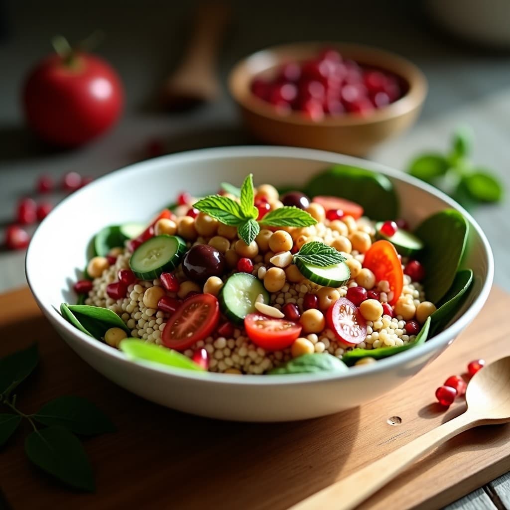 Bowl de fono y garbanzos con vinagreta de granado, receta olímpia griega vegana y crudivegana. Plato colorido con base de espinacas, fono remojado, garbanzos especiados, tomates cherry, pepino, cebolla morada, aceitunas Kalamata, semillas de granado, almendras tostadas y sésamo negro, bañado en vinagreta rosada.