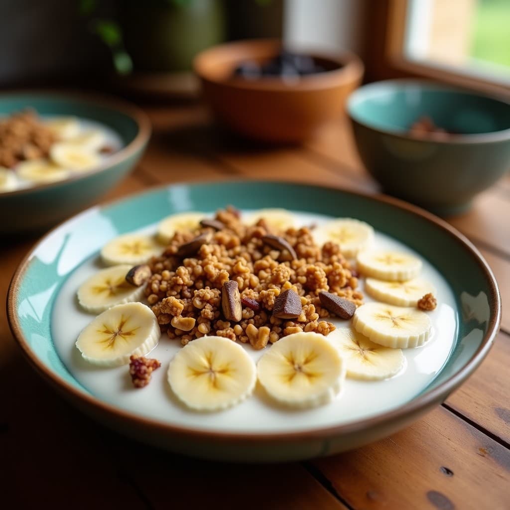 Bowl de cerámica blanca con rodajas de plátano macho verde (fono) cubiertas de leche de coco cremosa, granola dorada de semillas de calabaza, girasol y sésamo, decorado con cubos de mango, pasas de coco y pépitas de cacao. Fondo con hojas de palma y luz natural.