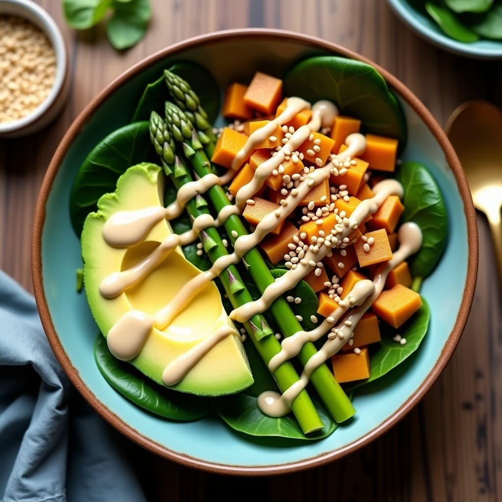 Bowl colorido con base de espinacas, cubos dorados de fono (ñame salvaje), espárragos verdes al dente, láminas de aguacate, semillas de ajonjolí y almendras fileteadas. Salsa cremosa de tahini de ajonjolí vertida en zigzag sobre el plato. Presentación fresca y apetecible, típica de un desayuno polinesio vegano.