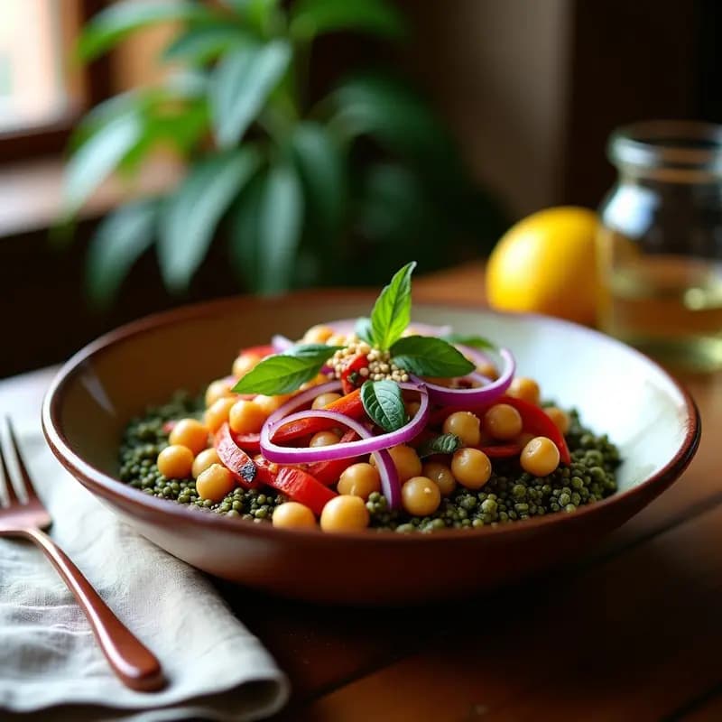 Bowl de freekah y garbanzos asados con cebolla morada, pimiento rojo, menta fresca y semillas de sésamo, servido en un plato hondo de cerámica blanca sobre fondo rústico de madera. Receta marroquí de desayuno alta en fibra.
