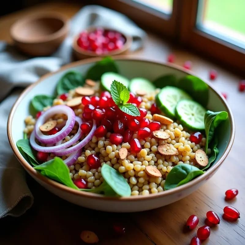 Bowl colorido con freekeh cocido, semillas de granada rojas brillantes, trozos de pepino verde, cebolla morada y espinacas frescas, bañado en una vinagreta dorada. Decorado con almendras fileteadas y hojas de menta. Plato libanés detox y rico en antioxidantes.