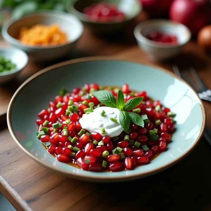 Bowl de freekeh cocinado con cebolla morada, cubierto de yogur de coco cremoso, semillas de granada rojas brillantes y perejil fresco picado. Toque final con almendras fileteadas y semillas de sésamo espolvoreadas. Plato colorido y saludable, típico desayuno palestino vegano y sin gluten.