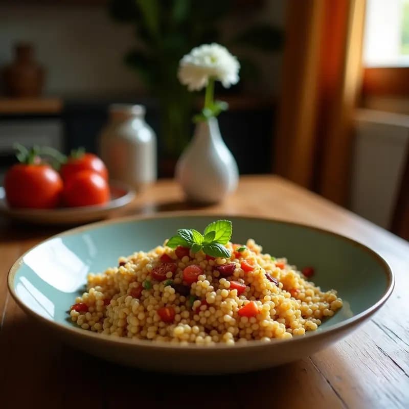 Bowl hondo de cerámica blanca con freekeh cocido, granitos de granada rojos vibrantes, espinacas baby, pepino libanés, cebolla morada en juliana y almendras fileteadas tostadas. Bañado con aderezo espeso de granada molida y decorado con hojas de menta fresca. Plato colorido y fresco, típico de la cocina libanesa vegana.