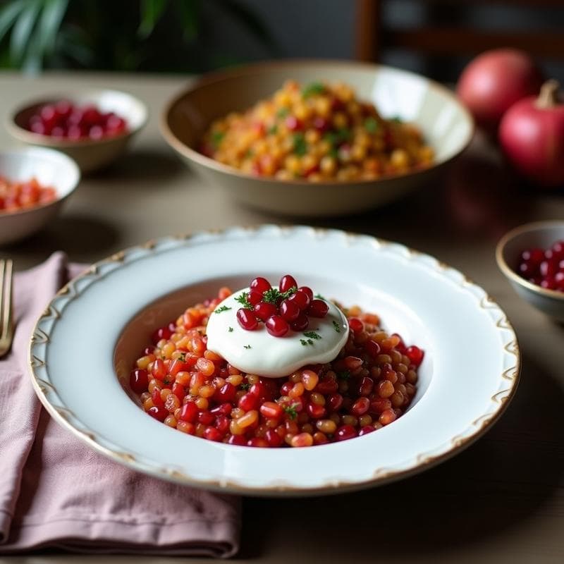 Bowl de desayuno vegano con freekeh cocido, yogur de coco cremoso, granos de granada rojos brillantes, almendras fileteadas doradas y semillas de sésamo tostadas, espolvoreado con canela y un hilo de miel de agave. Plato colorido y saludable con texturas contrastadas.