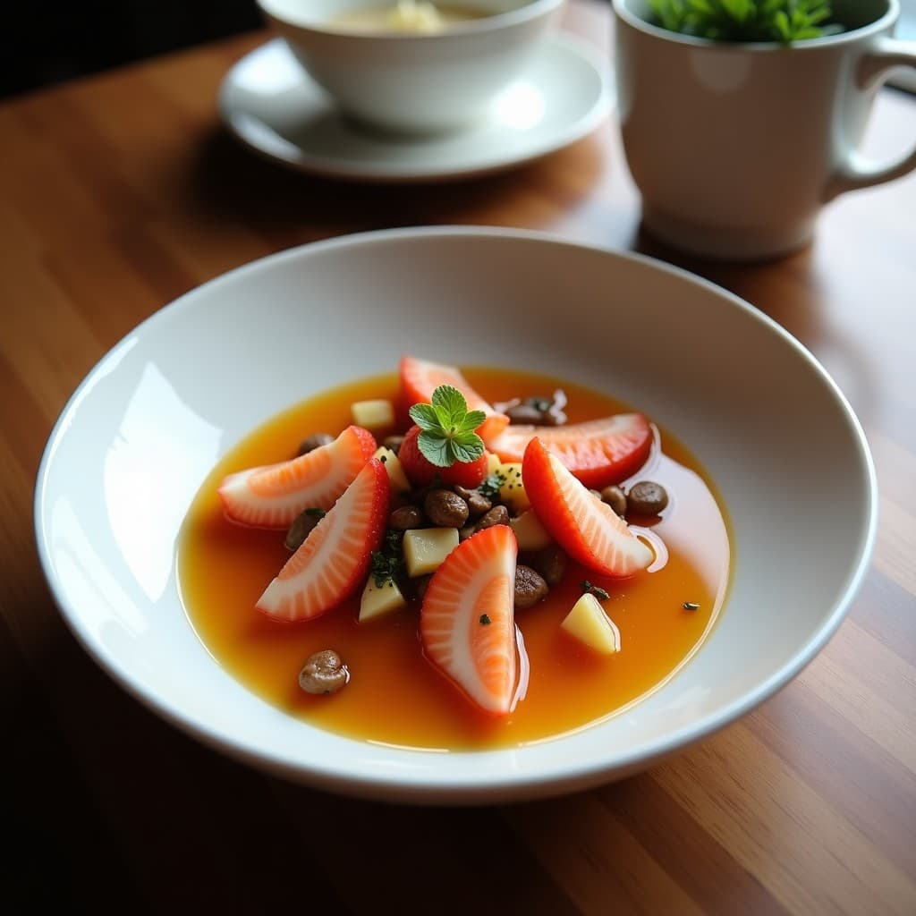 Bowl francés keto con lentejas beluga tibias, fresas en láminas, espinacas baby, cebolla morada y apio, bañado en aderezo de mostaza de Dijon y miel de lavanda. Decorado con almendras fileteadas y semillas de chía sobre fondo rústico de madera.