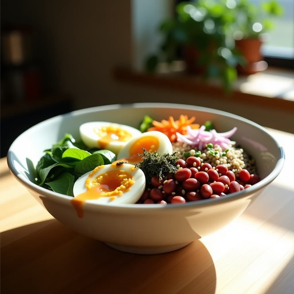 Bowl japonés colorido con frijoles adzuki, arroz salvaje, espinacas, pepino, cebolla morada, huevo blando y aderezo de sésamo, decorado con semillas y alga nori sobre fondo de madera clara.