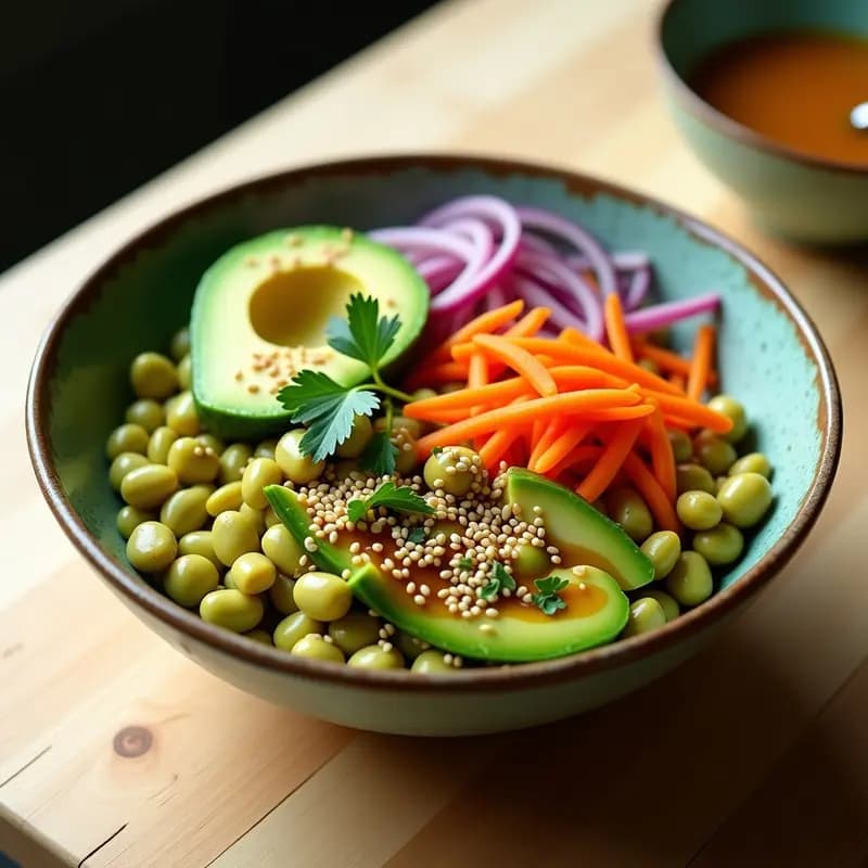 Bowl colorido de frijoles mung cocidos al vapor con aguacate en cubos, zanahoria, pepino y cebolla morada en juliana, decorado con semillas de sésamo y cilantro fresco. Receta vegana y depurativa china.