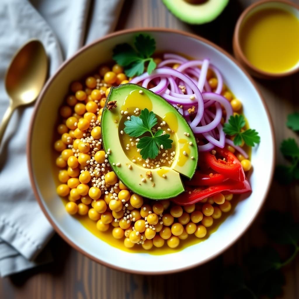 Bowl de Frijoles Mungo y Aguacate con Aderezo de Limón y Cúrcuma: Desayuno Indio Keto