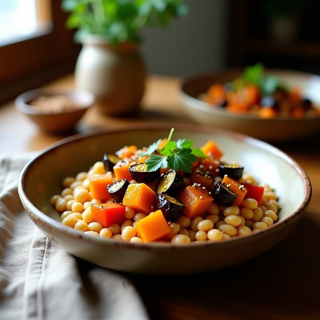 Bowl ayurvédico de frijoles mungo dorados con hortalizas asadas (calabaza, berenjena y pimiento) bañadas en vinagreta de tamarindo, decorado con cilantro fresco y semillas de sésamo negro sobre fondo rústico de madera.