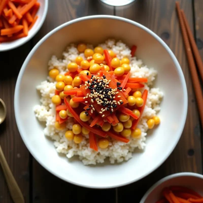 Bowl de cerámica blanca con base de arroz, frijoles mungo amarillos cremosos, kimchi rojo vibrante, zanahoria y pimiento en juliana, decorado con semillas de sésamo negro y dorado. Receta coreana alta en fibra y probióticos.