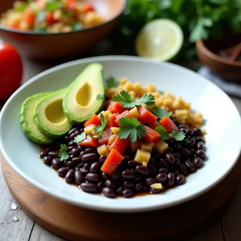 Bowl colorido con base de arroz salvaje oscuro, frijoles negros estofados con sofrito de cebolla y pimiento, aguacate en cubos verdes y cilantro fresco picado. Plato vegano cubano alto en fibra, servido en un cuenco de cerámica blanca sobre fondo rústico.