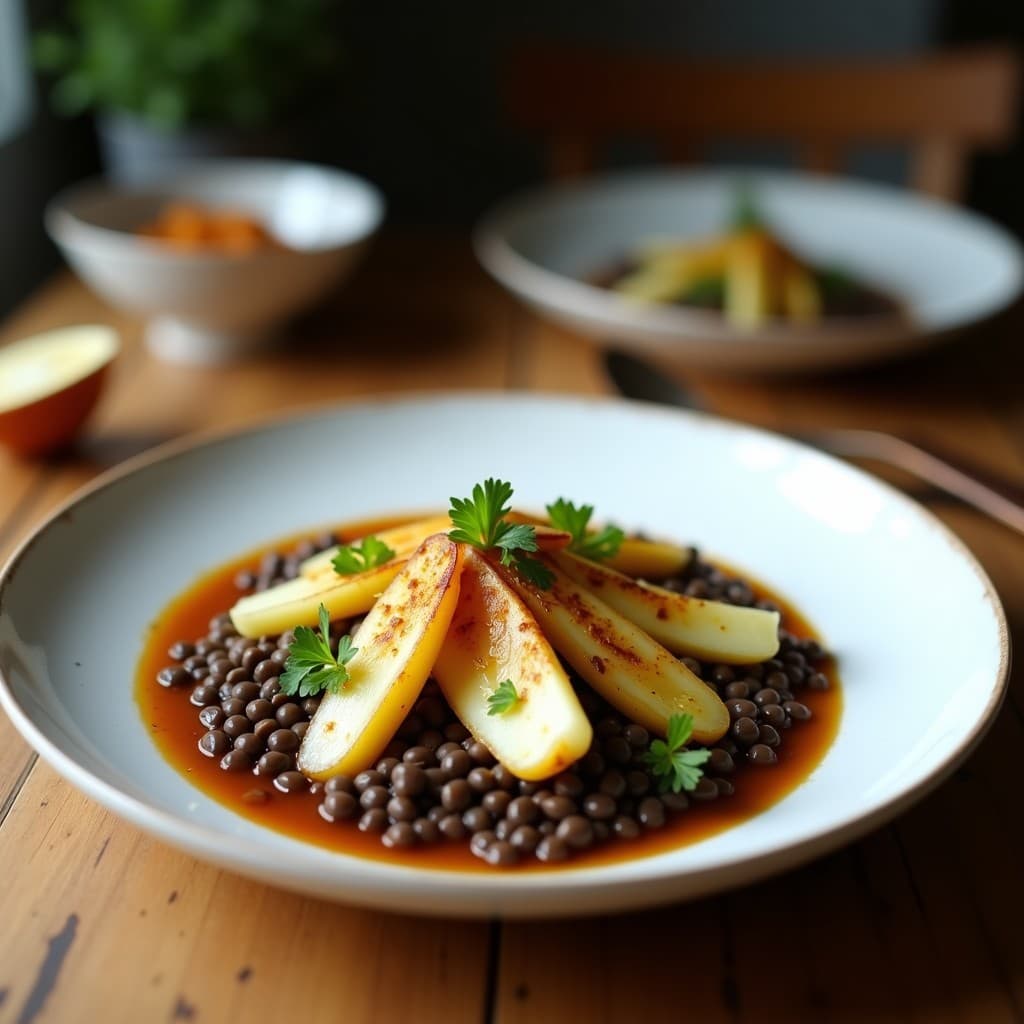 Bowl de cerámica blanca con base de rúcula, lentejas beluga oscuras, hinojo asado dorado en trozos, cebolla morada en juliana, almendras fileteadas tostadas y vinagreta de naranja sanguina. Decorado con hojas de menta fresca y gajos de naranja sanguina. Plato mediterráneo alto en hierro.