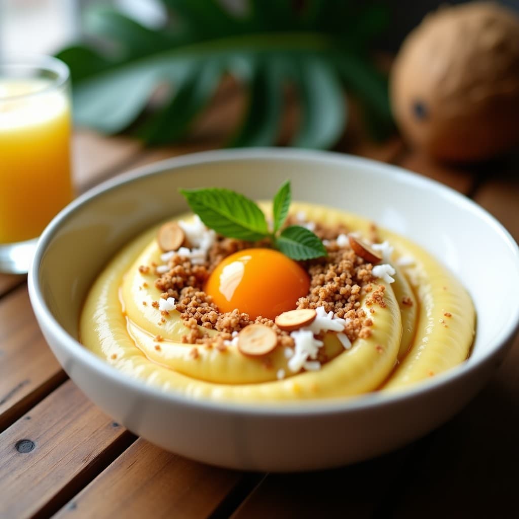 Bowl de desayuno tropical con capas de yogur de coco cremoso, cubos de jackfruit madonna amarilla, pulpa de granadilla naranja, semillas de chía, coco rallado y almendras fileteadas, decorado con hojas de menta.
