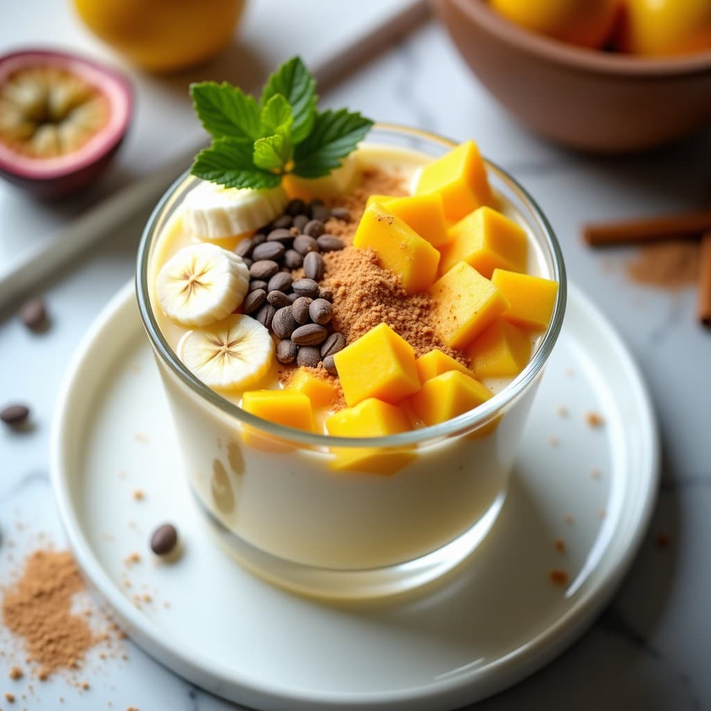 Bowl de vidrio transparente con kéfir de agua espumoso, cubos de mango amarillo, rodajas de plátano, pulpa de maracuyá y semillas de sacha inchi oscuras esparcidas. Decorado con copos de coco y un toque de canela en polvo sobre fondo blanco.