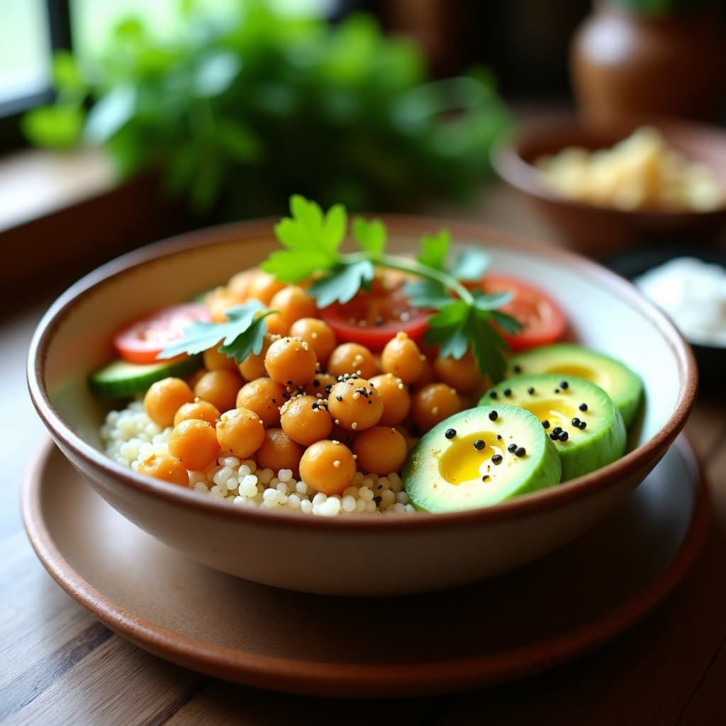 Bowl colorido con base de kinua blanca, garbanzos dorados y crujientes, aguacate en cubos, pepino, tomate y semillas de sésamo. Receta peruana keto y sin gluten servida en plato hondo rústico con aliño de limón y cilantro fresco.