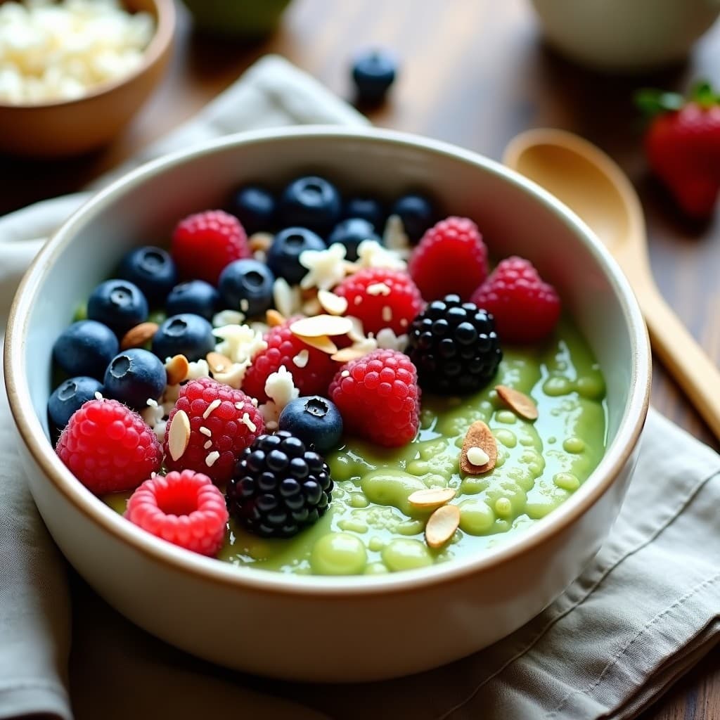 Bowl de desayuno japonés con quinoa cremosa, polvo de matcha verde vibrante, frutos del bosque frescos (arándanos, frambuesas y moras), coco rallado y almendras fileteadas. Plato colorido y nutritivo, alto en antioxidantes y sin azúcar.