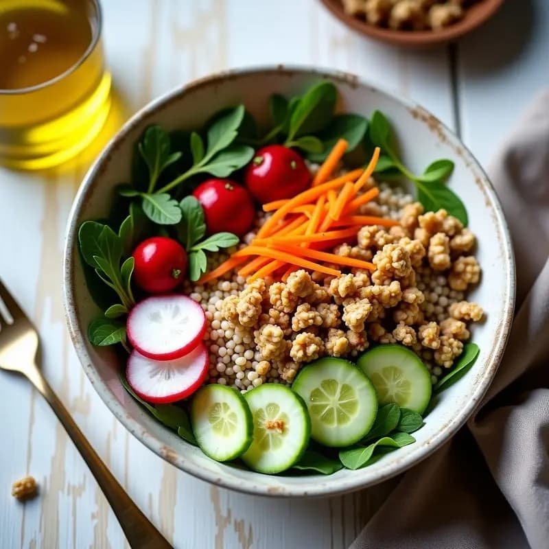 Bowl de cerámica blanca con mijo cocido como base, berros frescos, rodajas de rábanos rojos, zanahoria en juliana y pepino. Espolvoreado con nueces tostadas y aliñado con aderezo de aceite de nueces. Plato colorido y fresco, típico de la cocina francesa vegana.