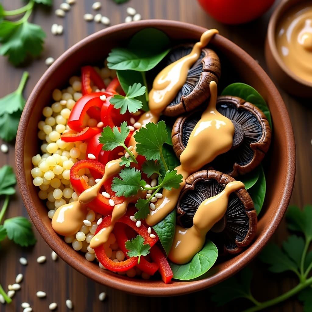 Bowl hondo de cerámica negra con base de mijo perlado dorado, champiñones portobello asados en láminas, espinacas baby frescas, salsa de cacahuete cremosa y semillas de sésamo. Decorado con cilantro picado, sobre fondo de madera rústica con luz natural.