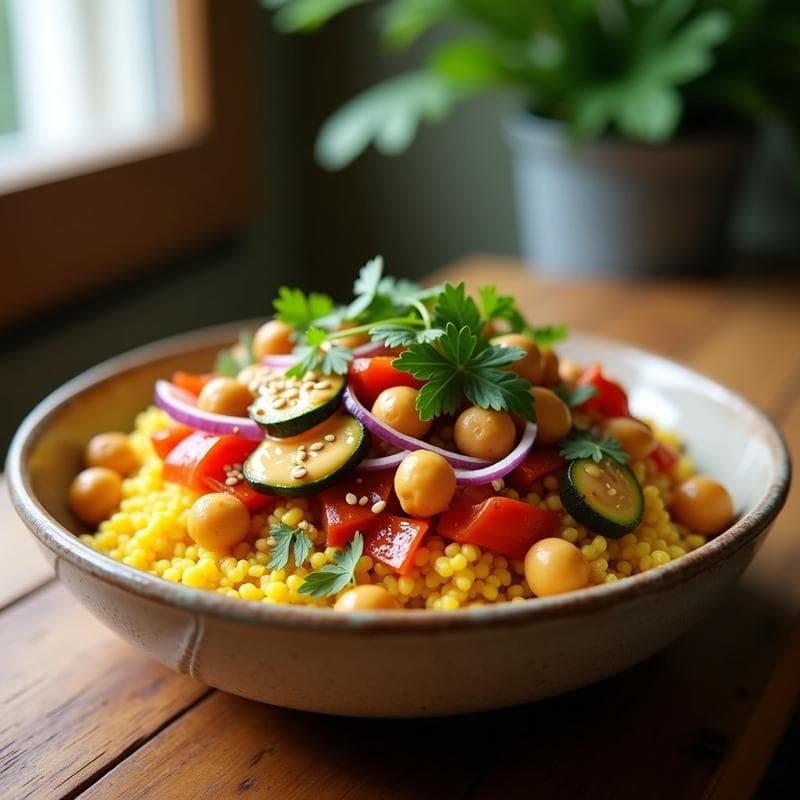 Bowl colorido con base de mijo amarillo, garbanzos tostados dorados, pimiento rojo y calabacín salteados, cebolla morada en juliana y perejil fresco, bañado con salsa de tahini de limón cremosa. Receta africana vegana, sin gluten y alta en proteína.
