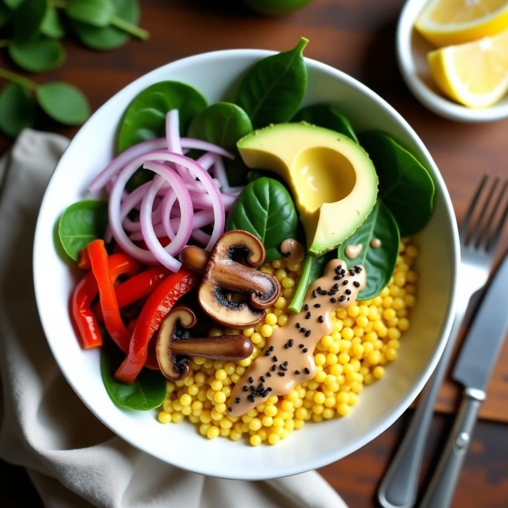 Bowl hondo de cerámica blanca con mijo amarillento como base, hongos shitake dorados salteados, cebolla morada, pimiento rojo, espinacas frescas y aguacate en cubos. Todo bañado en una vinagreta cremosa de sésamo y decorado con semillas de sésamo negro tostadas. Receta vegana y sin gluten de bowl de mijo con hongos shitake y vinagreta de sésamo.