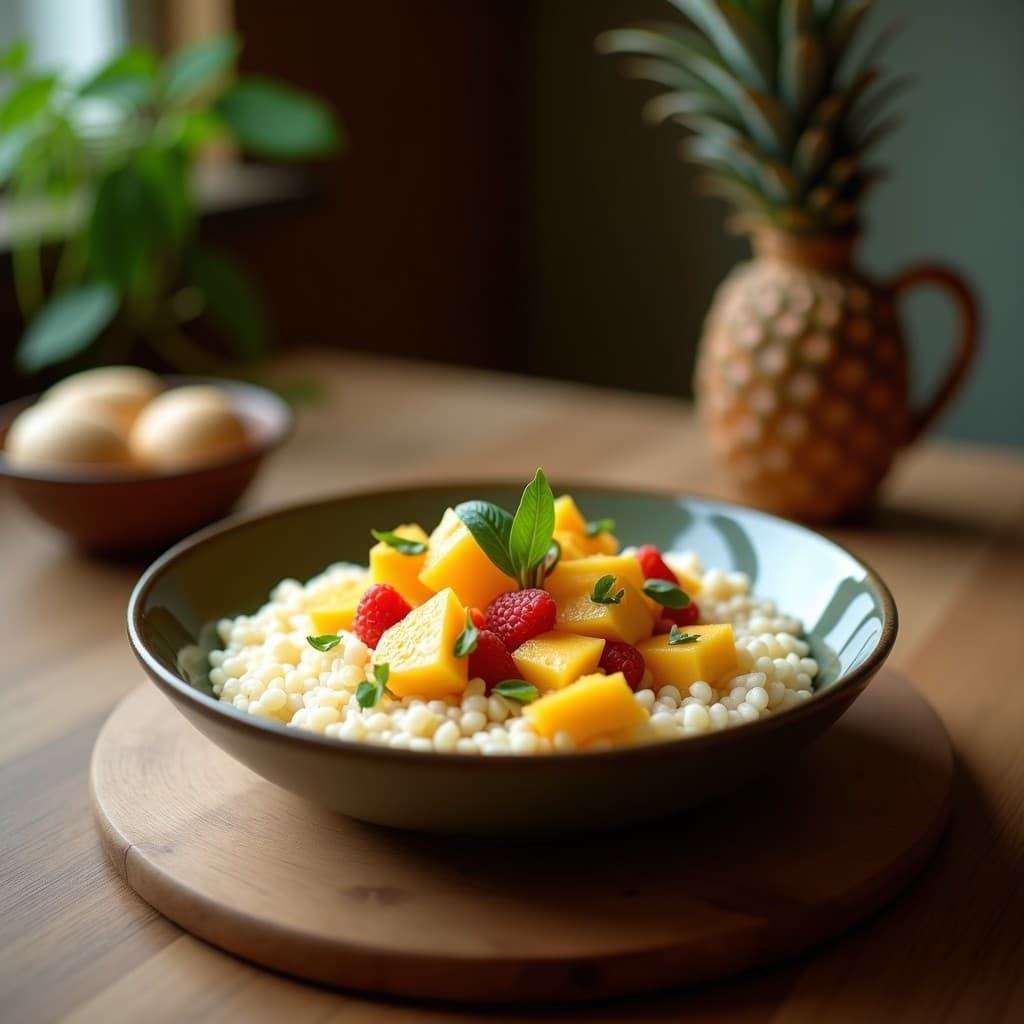 Bowl colorido de mijo cocinado con leche de coco, coronado con trozos de mango, papaya y kiwi frescos, espolvoreado con semillas de sésamo tostado y coco rallado. Plato saludable, sin gluten y sin azúcar, servido en un cuenco de cerámica blanca sobre fondo rústico.