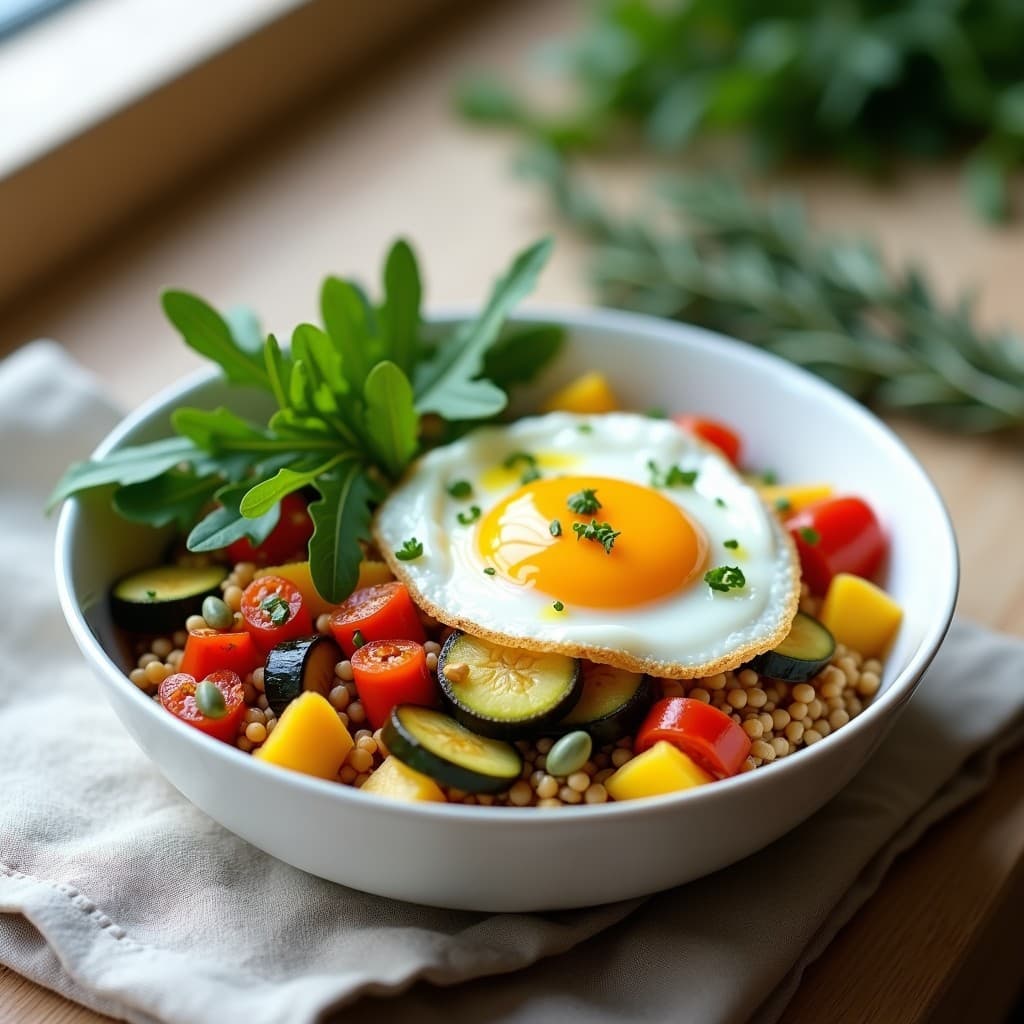 Bowl hondo de cerámica blanca con mijo salteado dorado, verduras coloridas (calabacín, berenjena y pimiento), huevo poché con yema líquida, semillas de calabaza y rúcula fresca. Plato de desayuno francés sin gluten y alto en proteína.