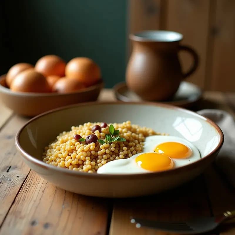 Bowl de desayuno africano con mijo inflado crujiente, yogur de coco cremoso, rodajas de plátano macho, kiwi en cubos, semillas de chía y almendras tostadas. Decorado con pimienta de Jamaica y jengibre rallado, sobre un fondo rústico de madera.