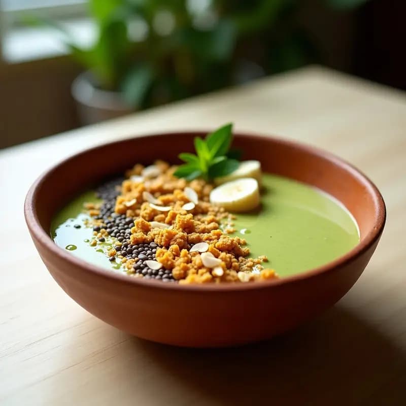 Bowl de color verde terroso y dorado con crema espesa de moringa y plátano, cubierto de granola crujiente de cúrcuma, anacardos y coco rallado, decorado con rodajas de plátano y un hilo de sirope de arce sobre fondo rústico de madera oscura.
