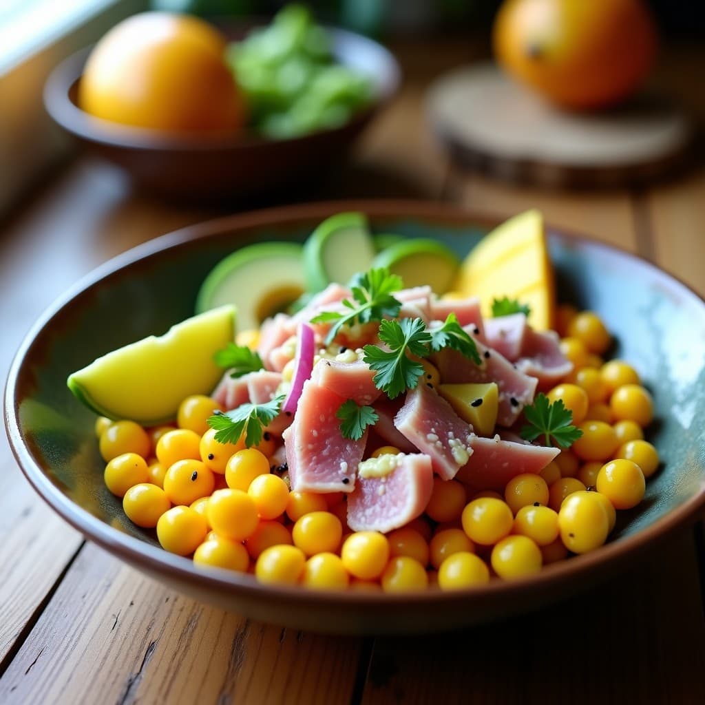 Bowl colorido con perlitas de maíz tostadas doradas, cubos de atún fresco, aguacate en trozos, cebolla morada y cilantro, bañado con un aderezo cremoso de mango amarillo. Decorado con semillas de sésamo negro y rodajas de limón verde. Receta peruana alta en omega-3.