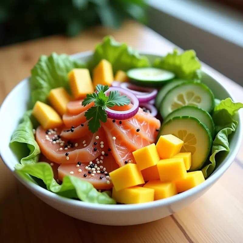 Bowl de poké hawaiano con salmón fresco en cubos, mango maduro, aguacate, pepino y cebolla morada, sobre base de lechuga romana. Decorado con semillas de sésamo negro, algas nori y cilantro fresco, con un brillo dorado del aceite de sésamo.
