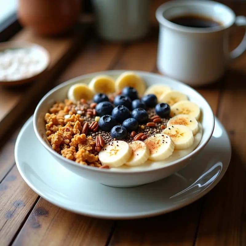Bowl de desayuno saludable con yogur casero cremoso, granola dorada, rodajas de plátano, arándanos frescos, semillas de chía, nueces pecanas y un hilo de miel, decorado con canela y coco rallado.