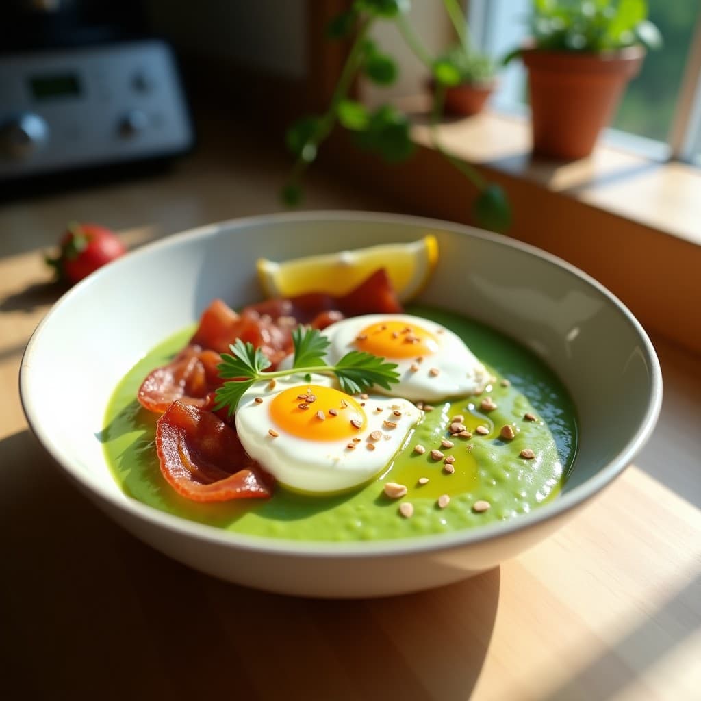 Bowl hondo de cerámica blanca con puré de guisantes cremoso de color verde vibrante, coronado por dos huevos poched con yema líquida, crujiente de panceta dorada, semillas de sésamo y perejil fresco. Plato de desayuno alto en proteína preparado en Thermomix.