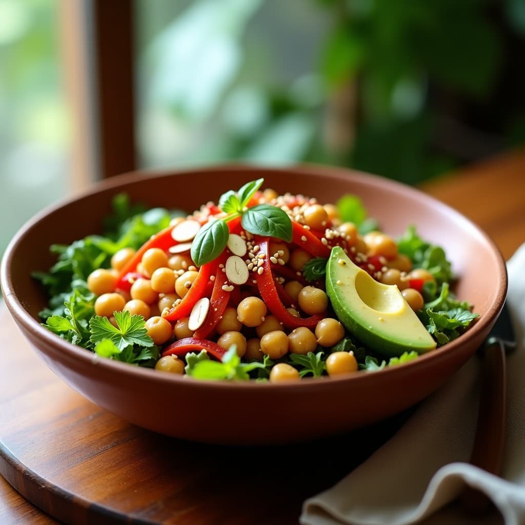 Bowl colorido con base de querrequre fresco, garbanzos dorados y crujientes, tiras de pimentón rojo asado, cebolla morada en juliana, aguacate en cubos y semillas de sésamo. Decorado con cilantro fresco y bañado en vinagreta de lima brillante, sobre un plato de barro rústico.