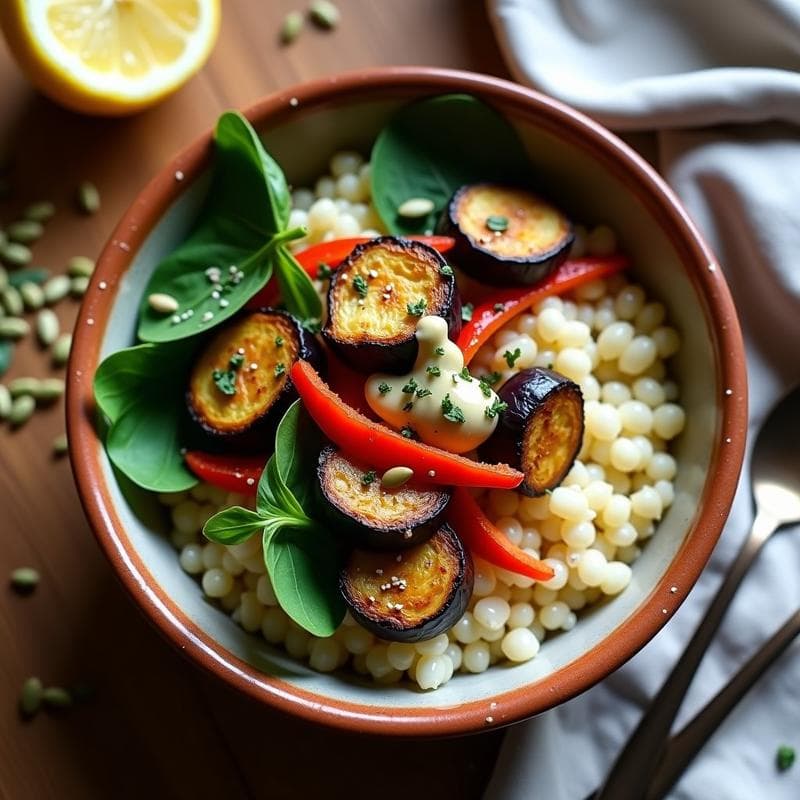 Bowl colorido con quinoa esponjosa, berenjena asada dorada, tomates cherry rojos, aguacate verde y pipas de girasol tostadas, decorado con perejil fresco y hierbas provenzales. Receta vegana alta en proteína en Thermomix.