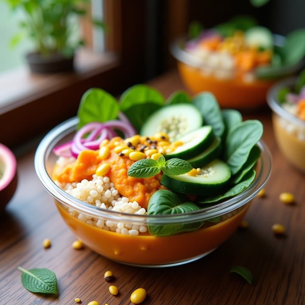 Bowl vegano de quinoa blanca con puré de boniato cremoso, espinacas baby, cebolla morada salteada, pepino en rodajas y semillas de granadilla, bañado en salsa de tahini y decorado con semillas de sésamo y menta fresca. Plato colorido y apetitoso en un tupper de cristal.