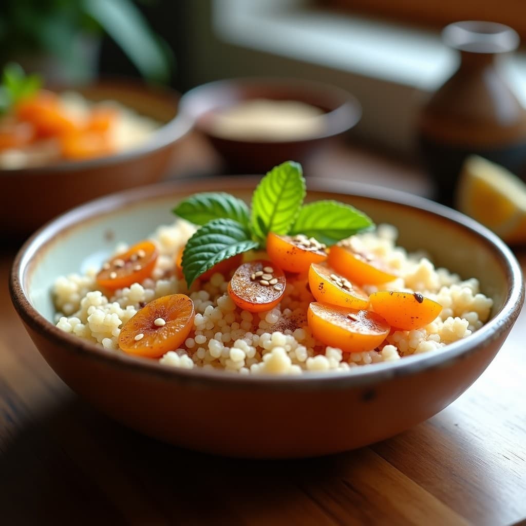Bowl hondo de cerámica blanca con quinoa esponjosa como base, ciruelas pasas doradas en trozos, almendras fileteadas tostadas, semillas de sésamo negro y hojas de menta fresca. Desayuno proteico y sin gluten con texturas contrastadas.