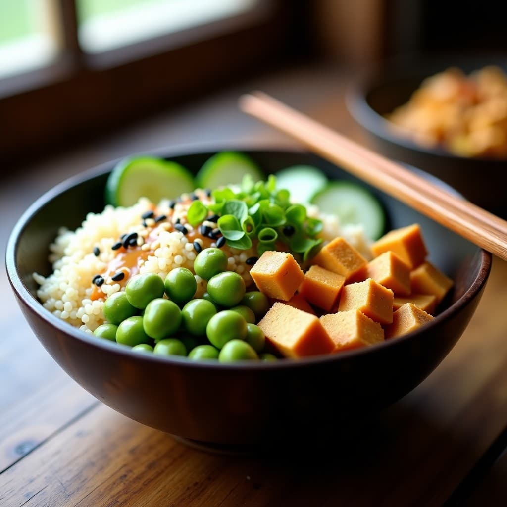 Bowl japonés vegano con quinoa esponjosa, edamame verde vibrante, tofu dorado, rábanos daikon en juliana, pepino en medias lunas, semillas de sésamo negro y blanco, algas nori y aderezo cremoso de miso. Plato colorido y equilibrado, perfecto para comer con palillos.