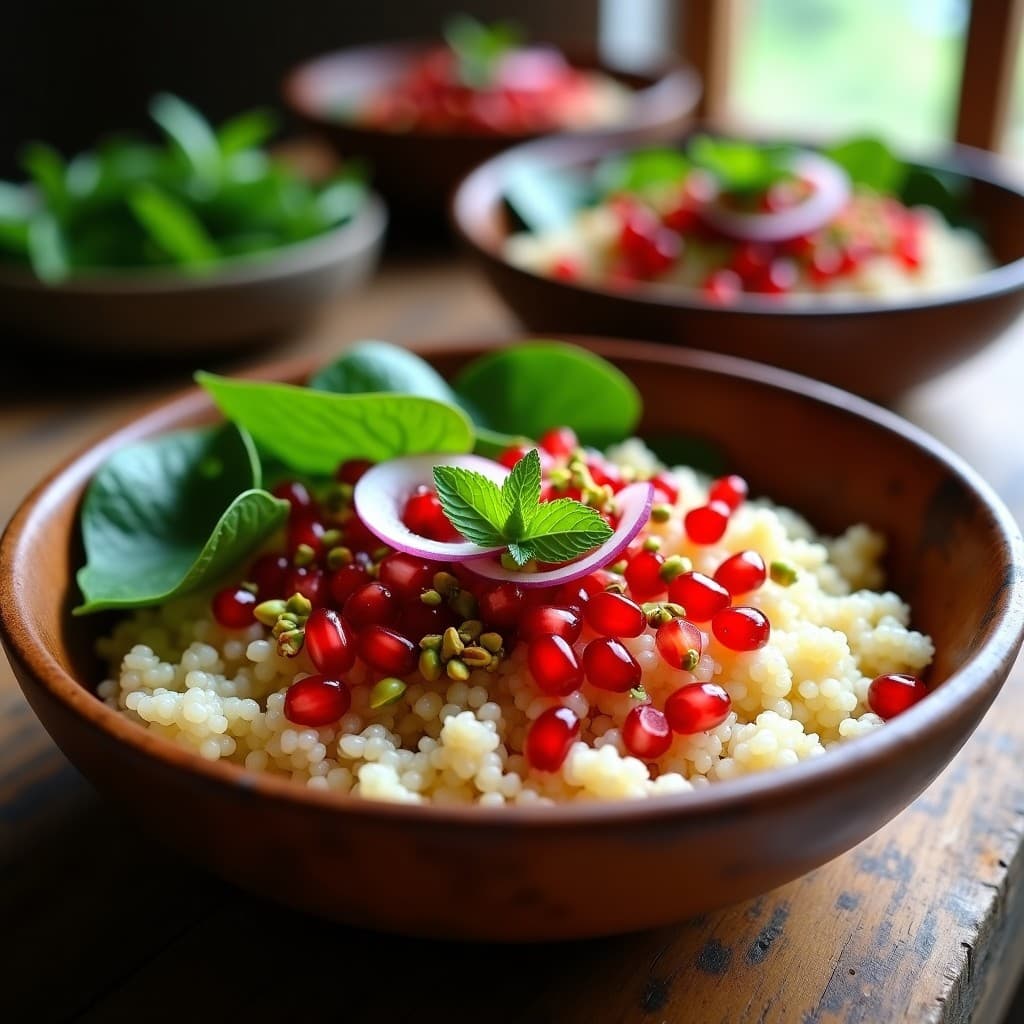 Bowl de quinoa blanca con trozos de higo chumbo rojo, semillas de granada brillantes, espinacas frescas, cebolla morada picada y pistachos verdes. Decorado con hojas de menta y bañado en vinagreta de granado dorada. Plato colorido y vibrante sobre fondo rústico de madera.