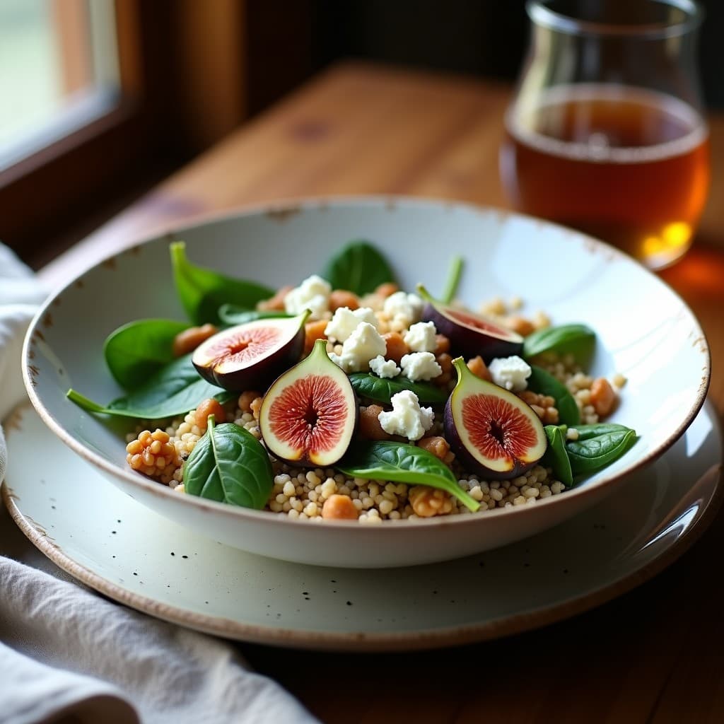 Bowl de quinoa blanca con trozos de higos frescos morados, queso de cabra desmenuzado, espinacas verdes, nueces tostadas y semillas de sésamo negro, bañado en un aderezo brillante de miel y vinagre balsámico. Receta de bowl de quinoa con higos y queso de cabra.