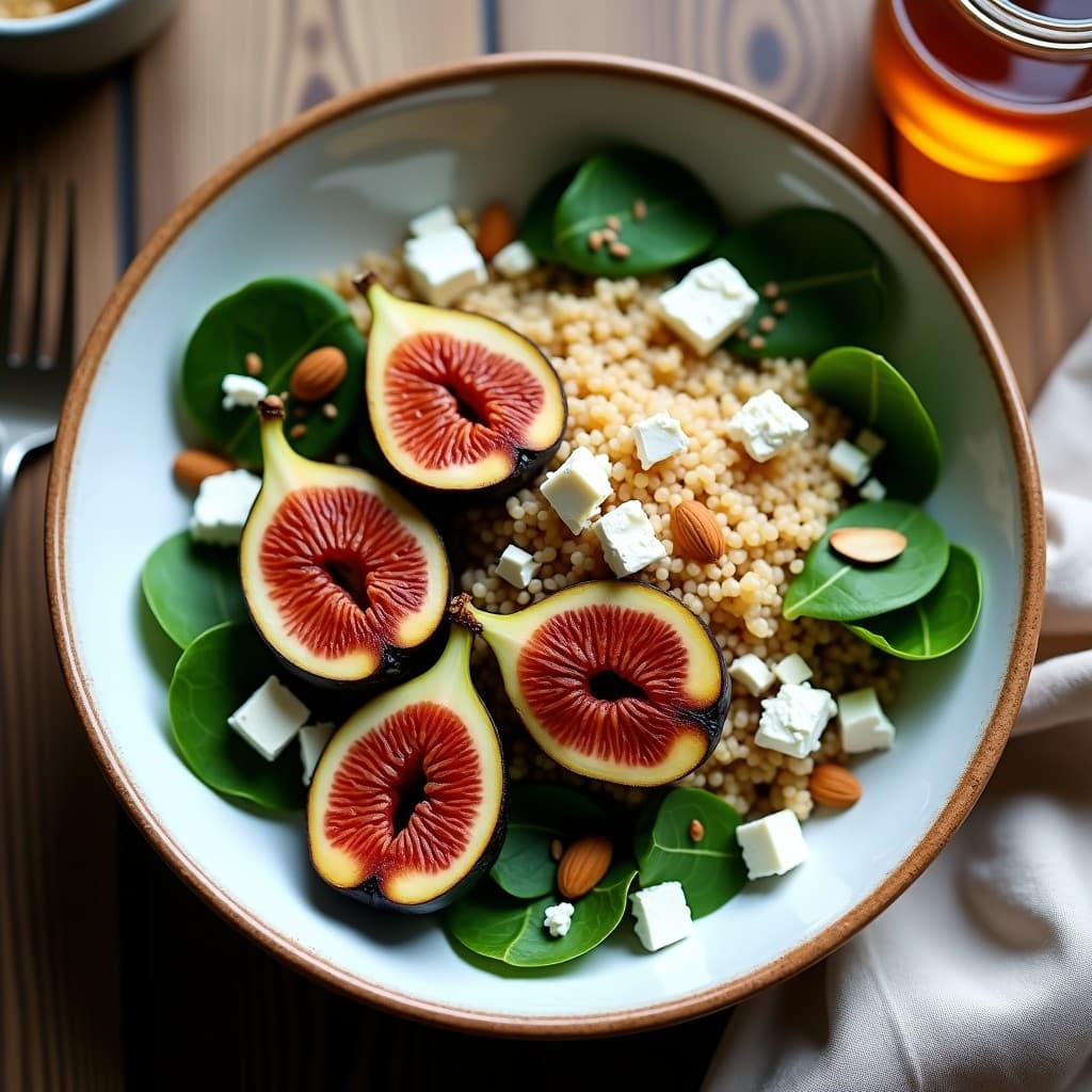 Bowl de quinoa blanca con higos asados dorados, queso feta desmenuzado, nueces tostadas, semillas de granada y espinacas frescas, servido en un plato hondo de cerámica blanca sobre fondo rústico de madera.