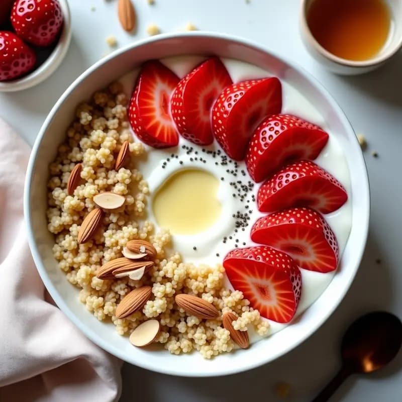 Bowl de desayuno con quinoa inflada crujiente, yogur griego cremoso, fresas frescas en trozos, almendras fileteadas y semillas de chía, decorado con canela y un hilo de miel, sobre fondo claro.